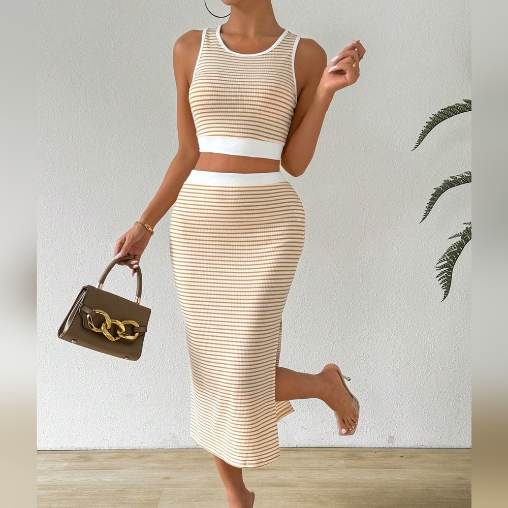 COPY - Women's Fashionable Summer Simple Casual Striped Tank Top And Skirt Set - Picture 1 of 5